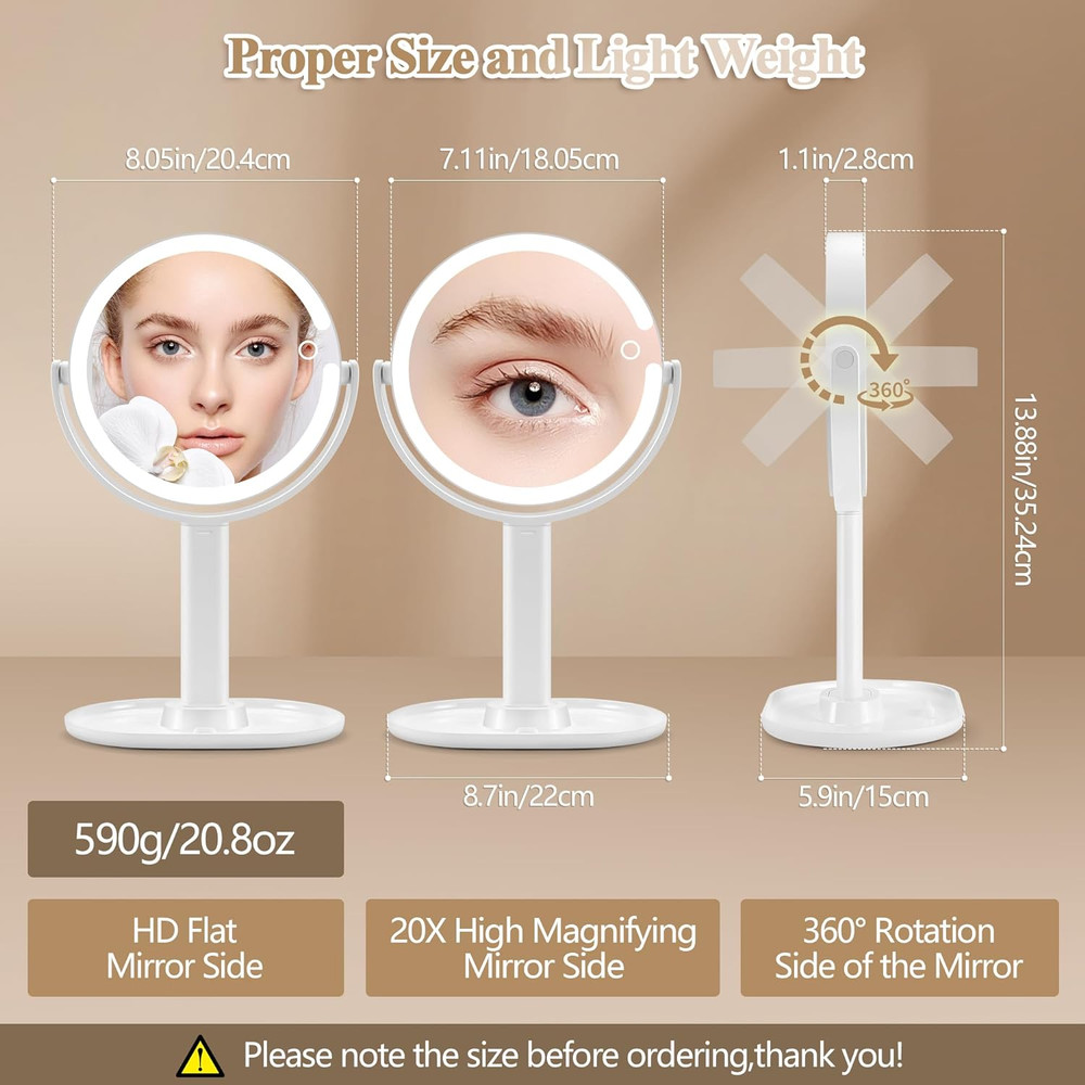 Makeup Mirror with Lights, Double Sided 1X/20X Magnifying Mirror with Light, Rec