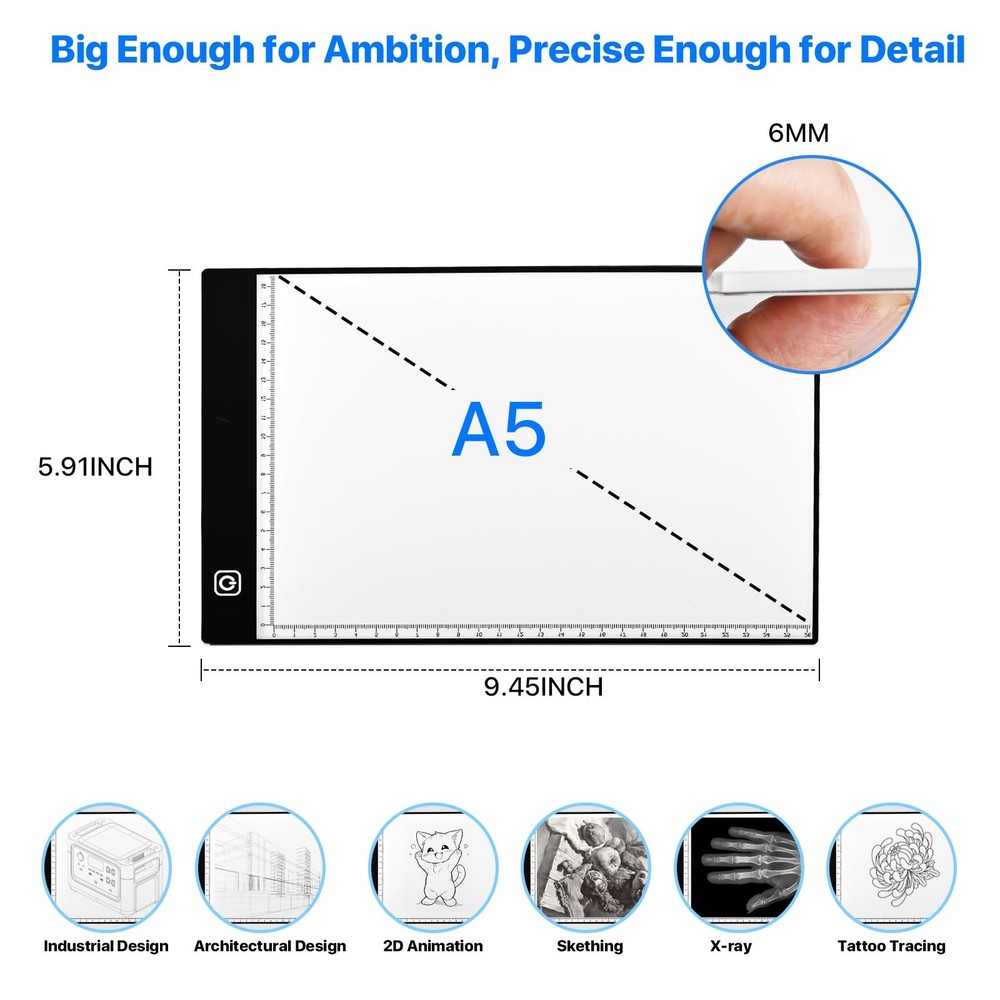 A5 Light for Tracing and Drawing - Ultra-Thin Adjustable Light Table/Board, U...