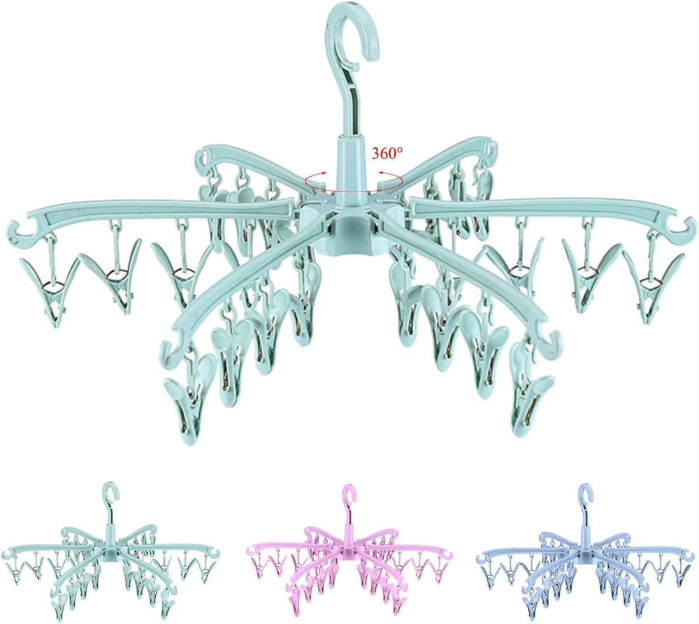 Rotating Clothes Drying Rack with 24 Clips Foldable Sock Hanger for Laundry