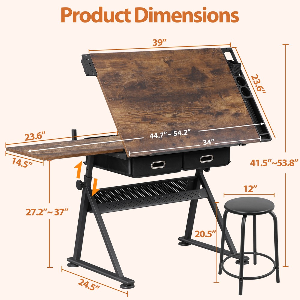 Retro Drafting Table and Stool Set with Outlet Adjustable Artist Drawing Table