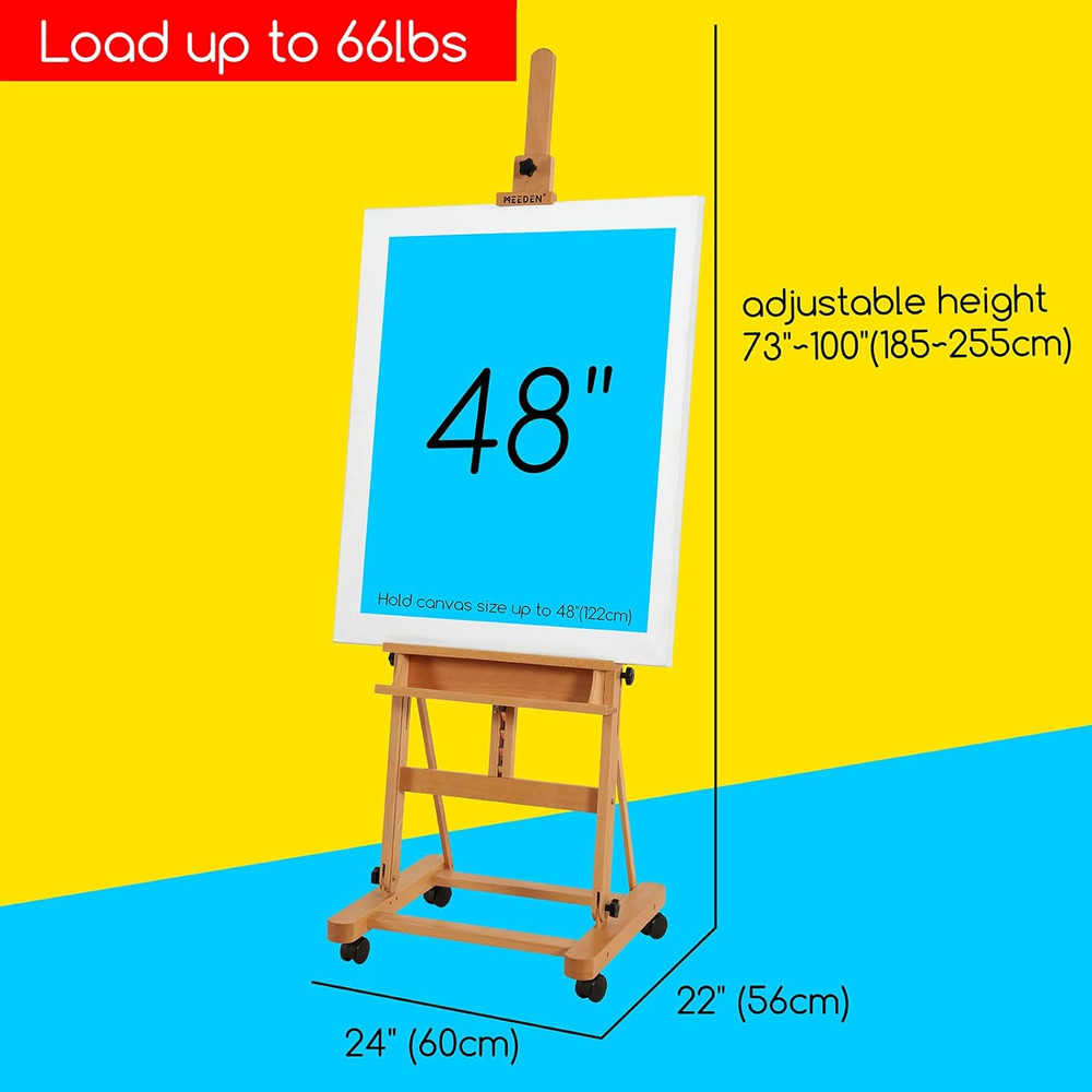 Large Studio H-Frame Beech Wood Artist Easel - Adjustable Movable Tilting Easel,