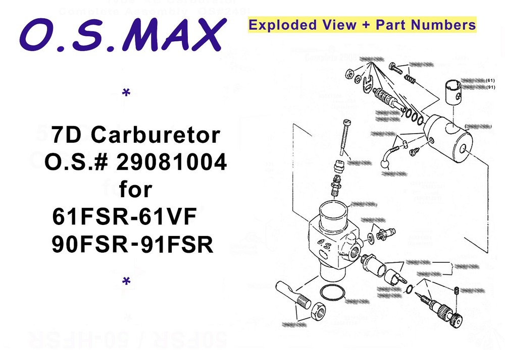 OS MAX 61-91FSR 7D Carburetor #29081104 INFO SHEET Exploded View + Numbers  💢