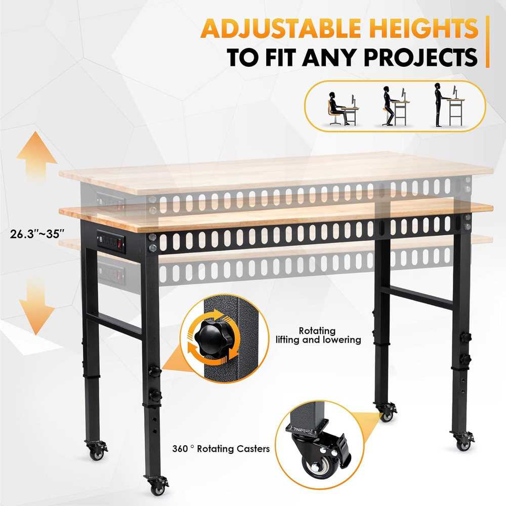 48" Height Adjustable Workbench, 2000 LBS Load Capacity Rubber Wood Top Workstat