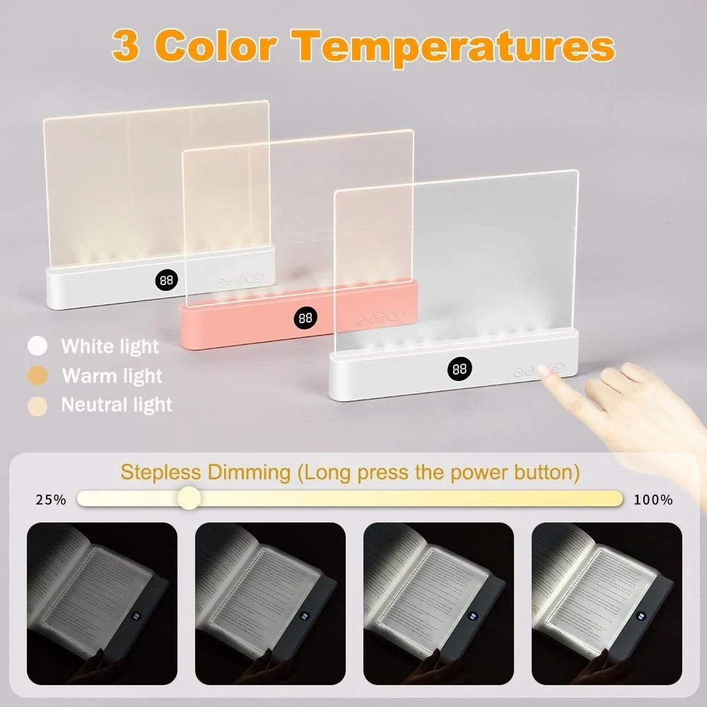 Rechargeable Clear LED Book Light – Flat Panel Reading Light with 3 Color