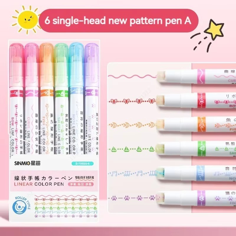6 x Line Pattern Roller Pen Highlighter Pens, Curve Liner, Pattern Drawing