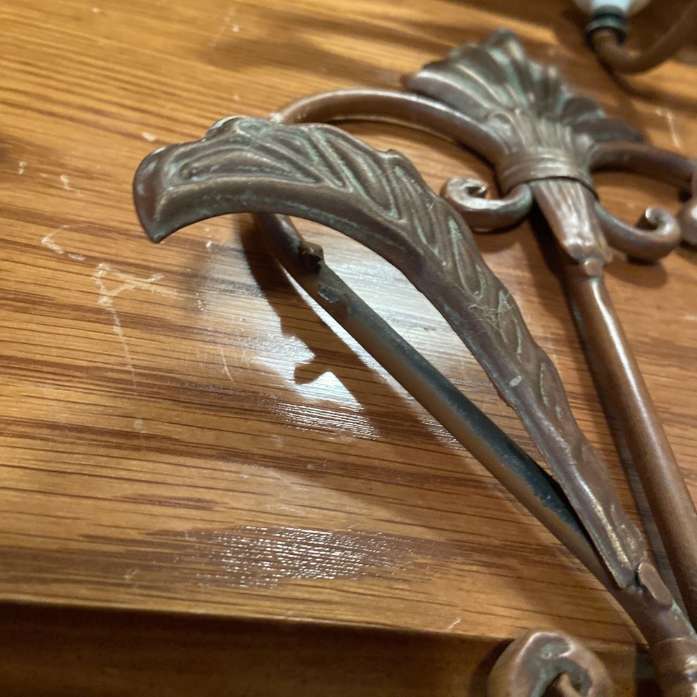 2 Antique Vintage Copper Coat Rack Hook Ornate White Knobs