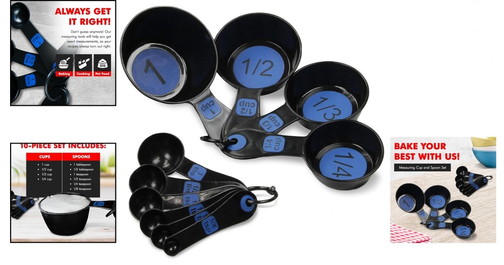Plastic Measuring Cup Set 10 Piece Blue BPA Free Durable Easy Read Kitchen Tools