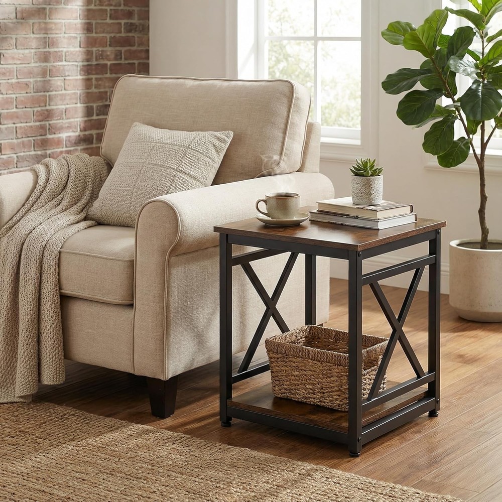 NEW Industrial End Table with 2-Tier Storage Shelf, 18'' Square Side Table wit