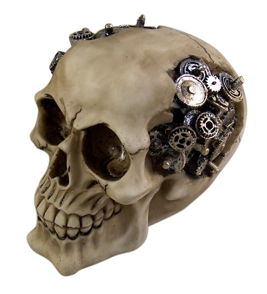 Steampunk Cyborg Gear Human Skull Figurine – Clockwork Skeleton Cranium