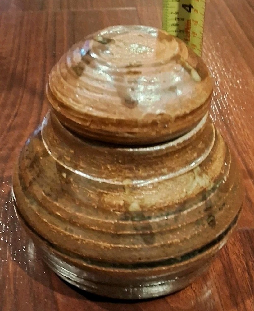 Clay or Stonewear Lidded Crock Just Under 4" Tall No Cracks Or Chips EUC