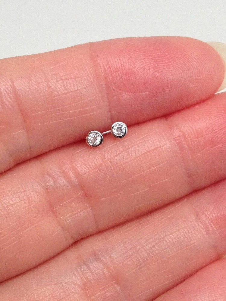 Silver Plated Tiny Bezel Cz Solitaire Stud Earrings 2mm Lab-Created
