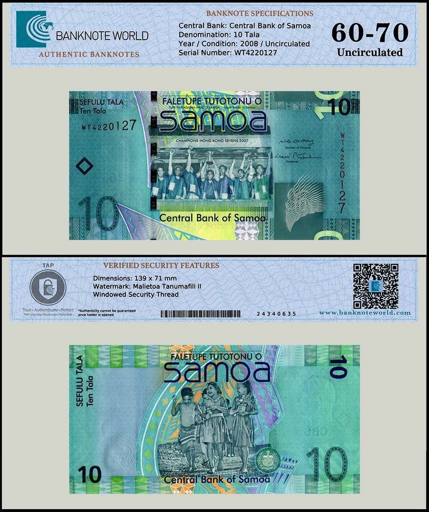 Samoa 10 Tala, 2008 ND, P-39a, UNC, Authenticated Banknote
