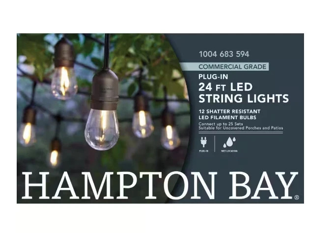 Hampton Bay 24ft 12-Light Edison Black String Lights Indoor/Outdoor LED Bulbs