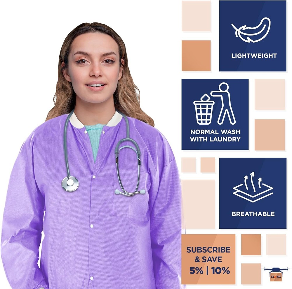 10ct Purple Disposable SMS Lab Jackets 50 gsm XL /w Snaps Front