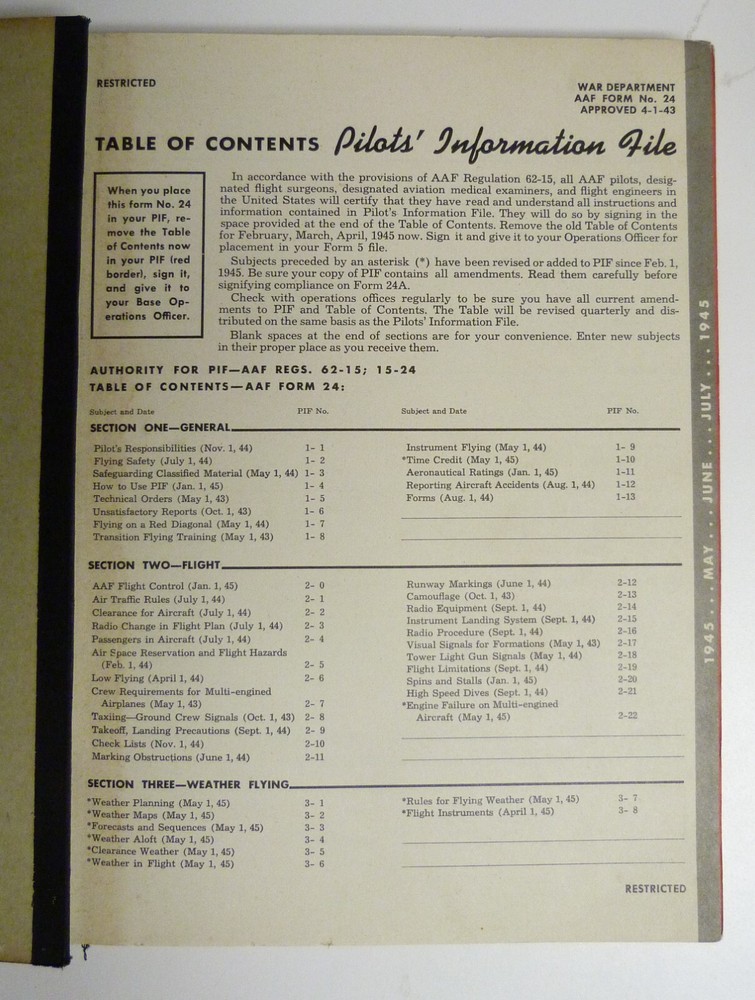 WWII WW2 Pilots' Information File - Named w Certificate