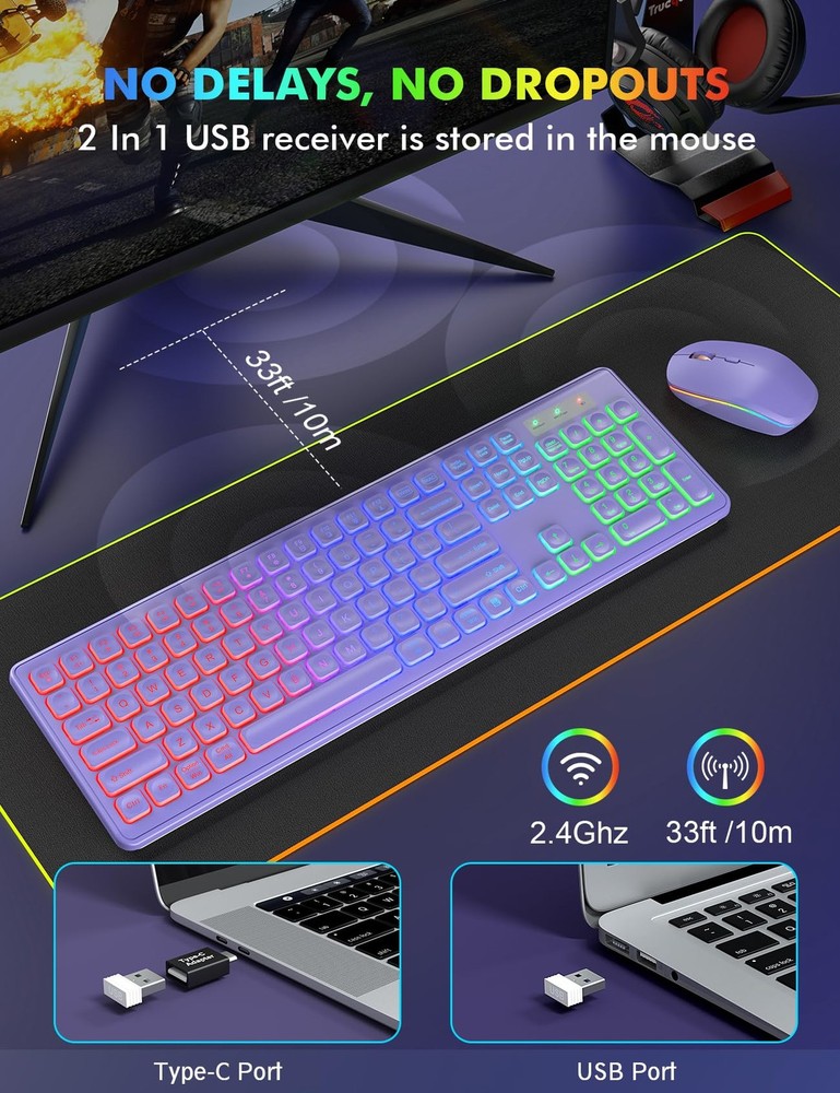 Wireless Keyboard and Mouse Combo, RGB Backlit, Rechargeable & Light Up Lette...