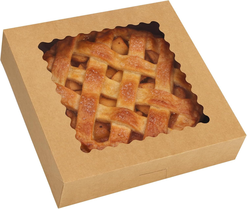 5Pcs Pie Boxes, 10X10X2.5 Bakery Boxes with Window, Auto-Popup Brown Bakery Boxe