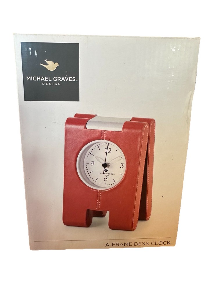 NIB Michael Graves A Frame Brown Leather Desk Clock Saddle Stitching Hinge