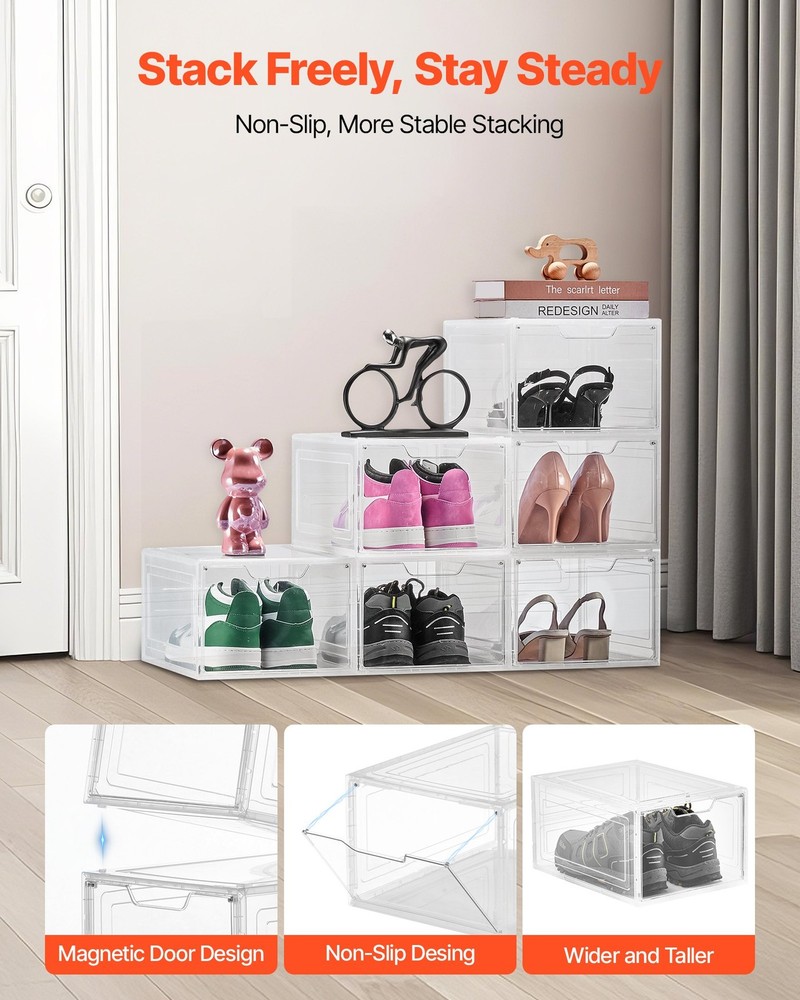 [New]Shoe Storage Boxes, 6 Pack Clear Stackable Shoe Boxes Storage Organizers wi