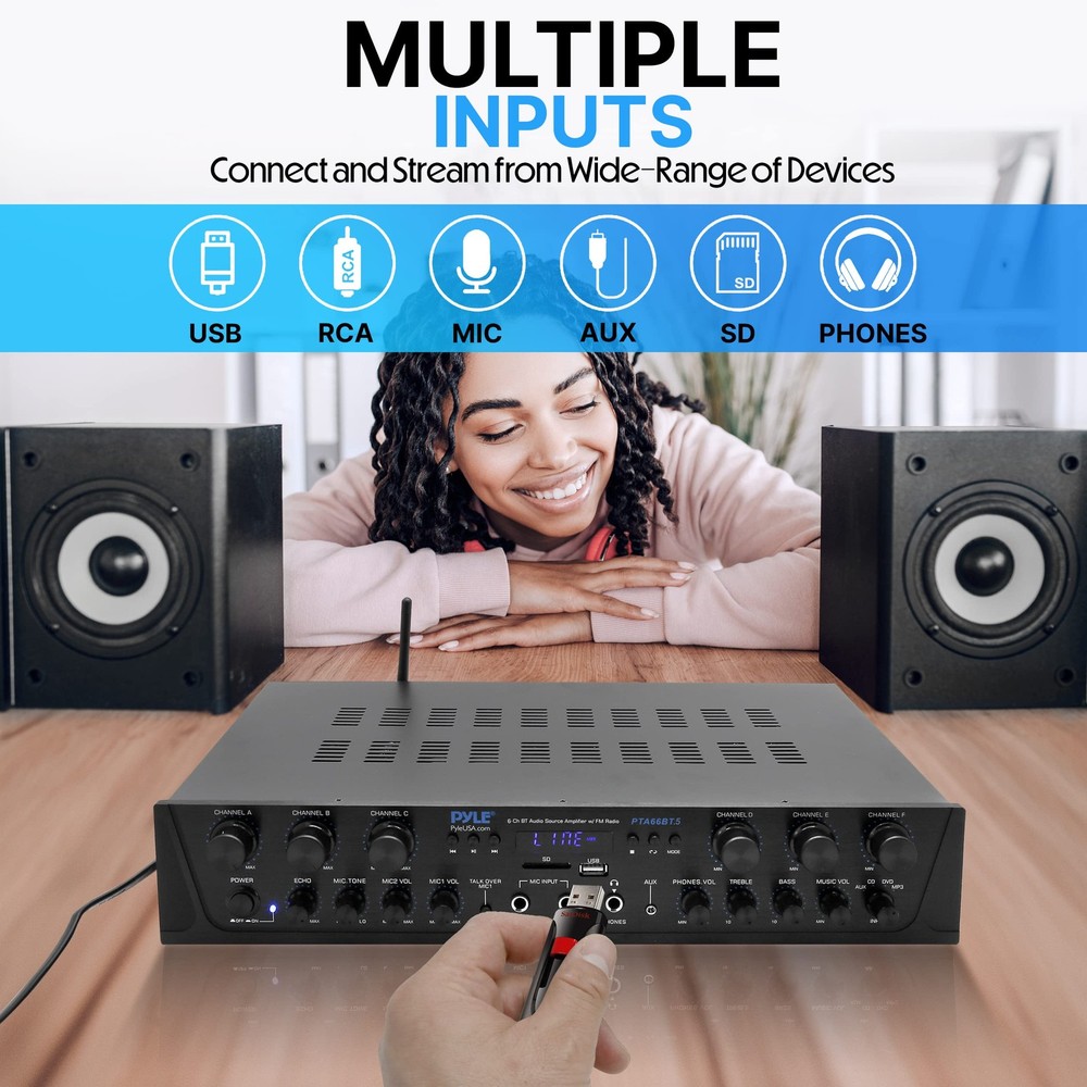 Pyle Wireless Home Audio Amplifier System Bluetooth Compatible 6 Channel