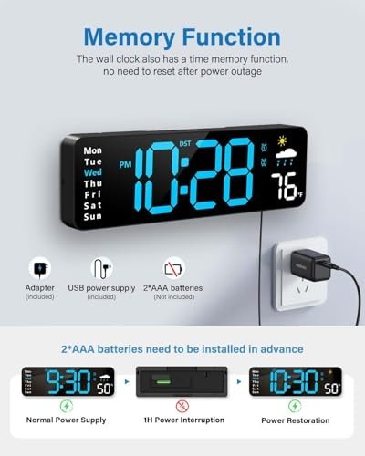 Digital Wall Clock, Digital Clock Large Display with Remote Control, Corded LED