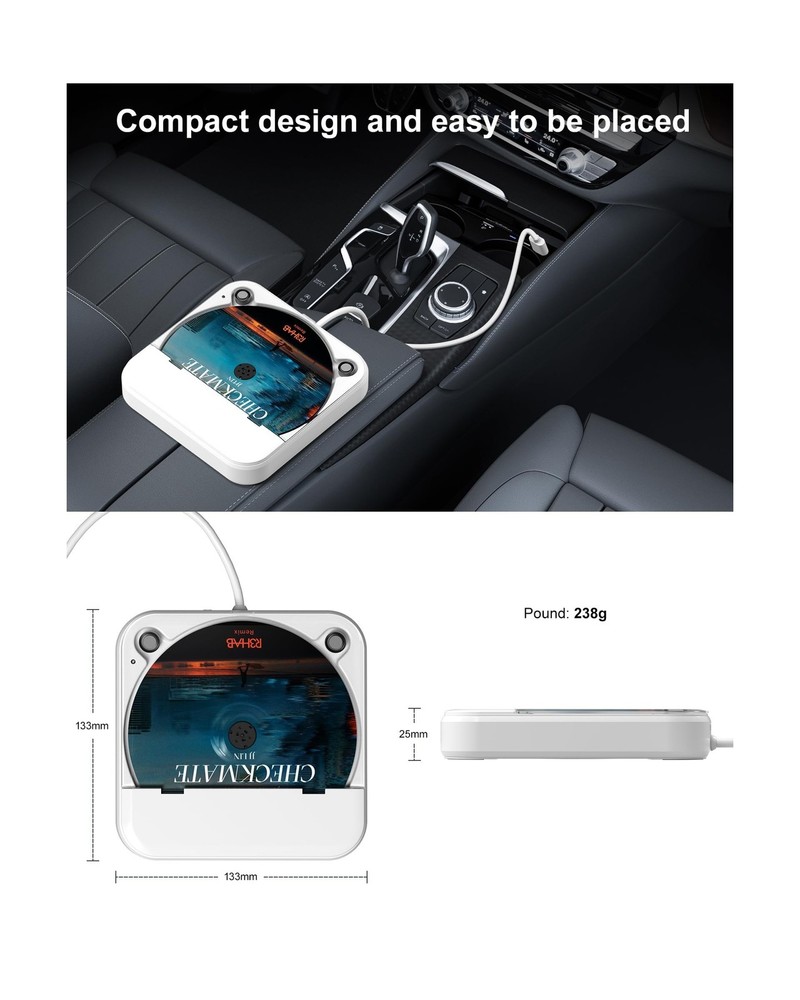 ENVYCLOUD Portable Car CD Player - USB/AUX White CD Player