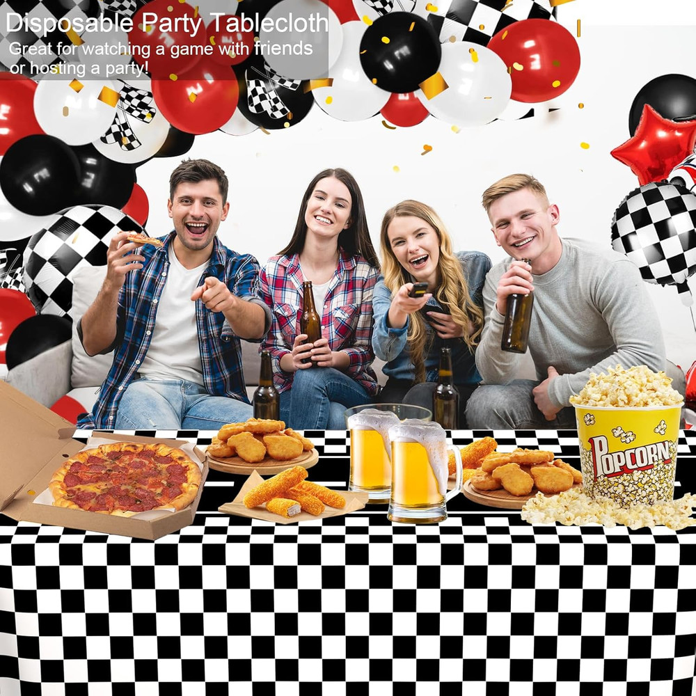4 Pack Mixed Racing Car Plastic Rectangular Tablecloths, Black and White Checker