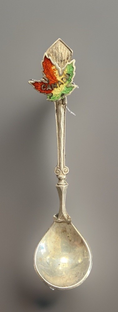 Sterling Silver Mini Salt Spoon Enamel Canada Maple Leaf By BM Co. 2.5”