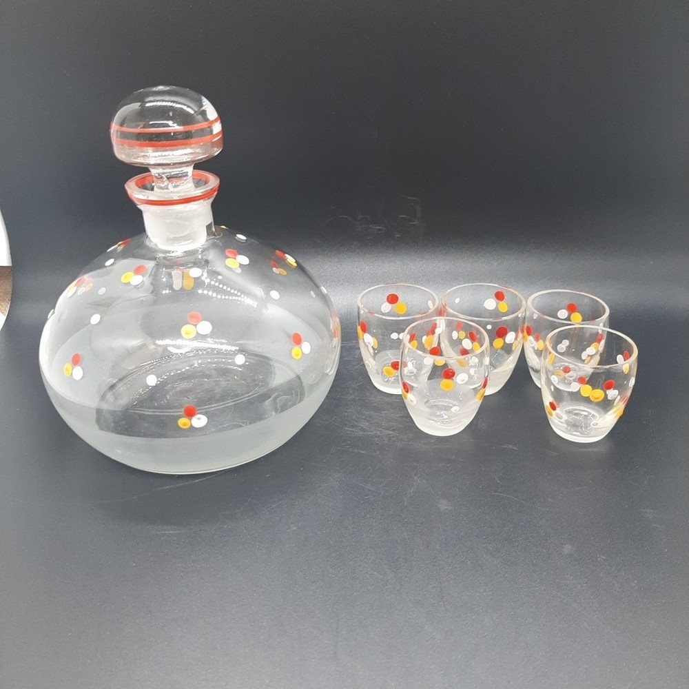 Vintage Handpainted Czech Dot Decanter and Five Small Glasses