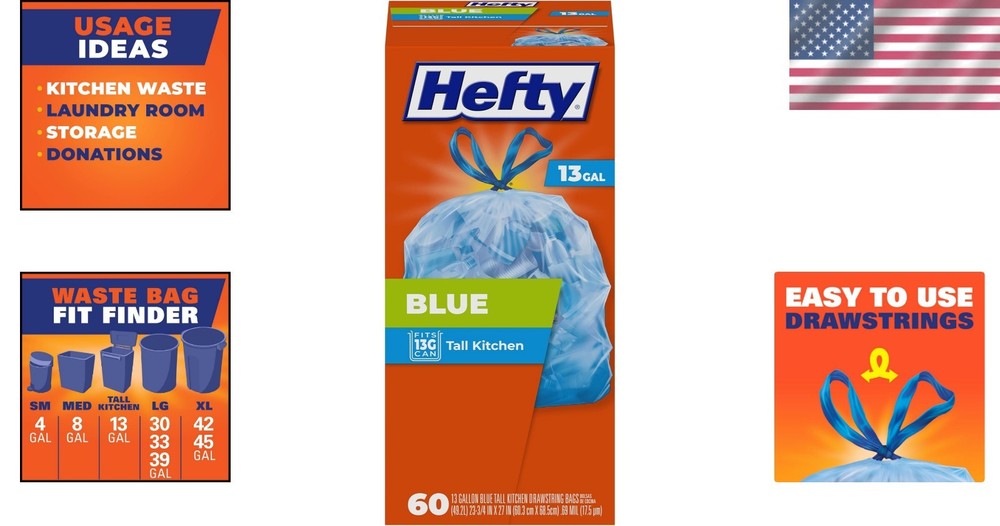 13 Gallon Blue Garbage Bags - 60 Count Unscented with Secure Drawstring Closure