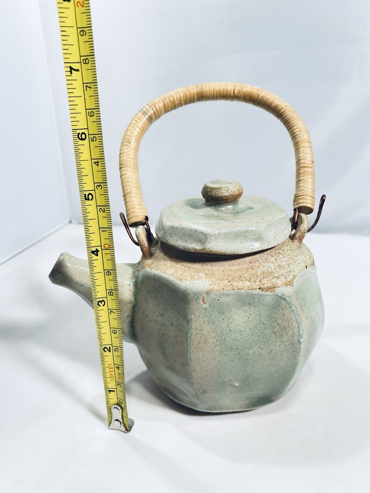Studio Pottery Celadon Teapot Small Ceramic Rattan Wrapped Handle