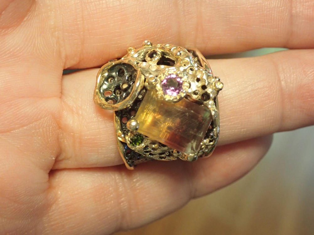 Natural Fluorite, Amethyst and Sapphire Sterling Silver Ring Adjustable Unique !