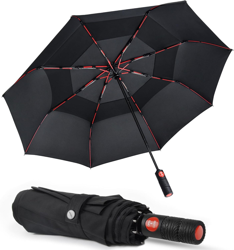Collapsible Umbrella Compact Travel - Portable Black Double Canopy Automatic Win