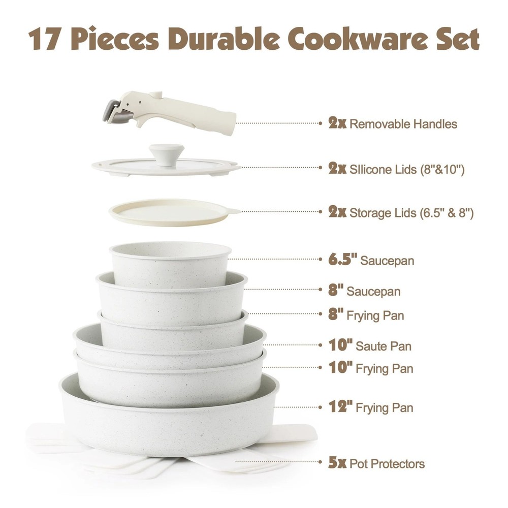 Cookware Set 17Pcs Nonstick Detachable Handle Induction Stackable