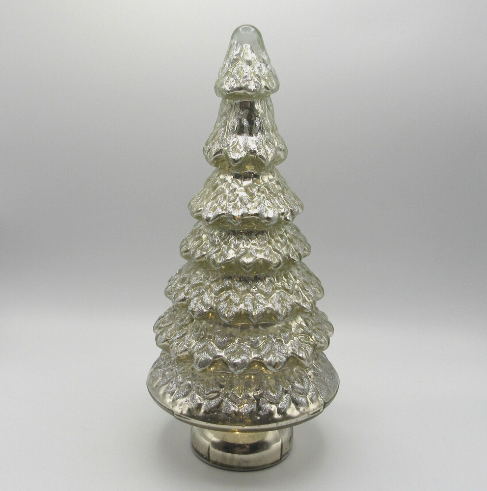 SILVER GLITTERED GLASS TREE LED LIGHTED CHRISTMAS DECOR NEW