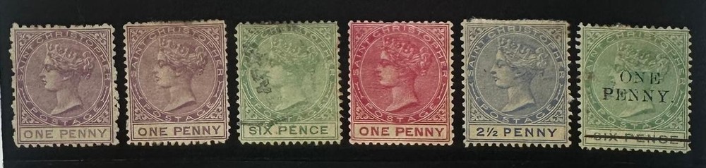 ST. CHRISTOPHER  QV. 1870-86, 6 DIFFERENT STAMPS.