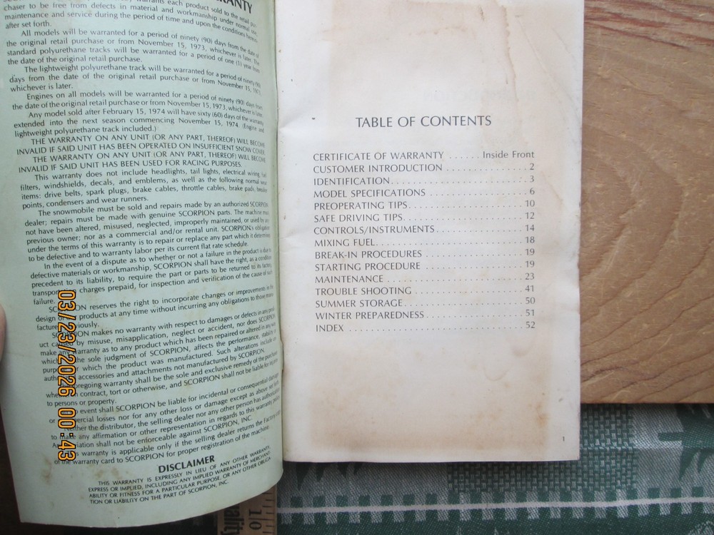 scorpion snowmobile Operator's Manual 1974