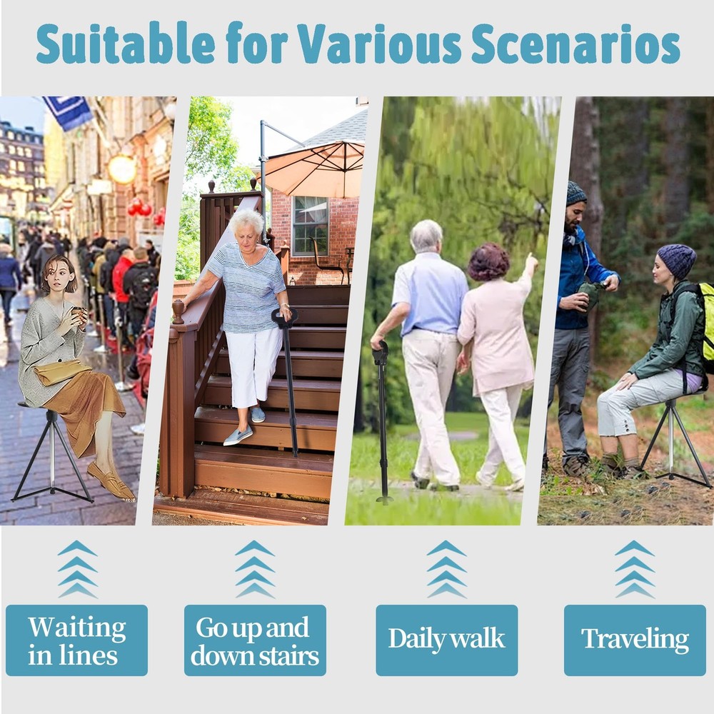 Walking Cane with Seat Folding Lightweight, Adjustable Height Cane Stool for ...
