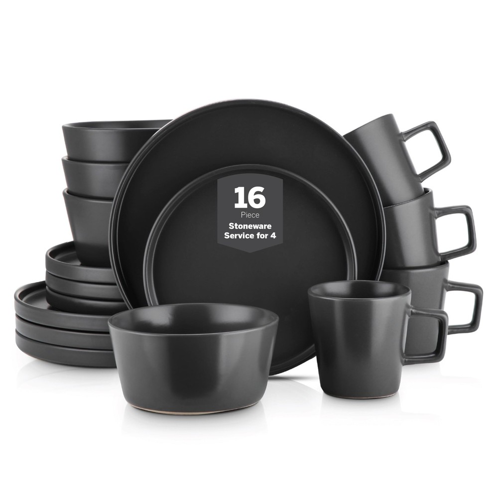 Stone Lain Celina 16-Piece Modern Black Matte Stoneware Set for 4