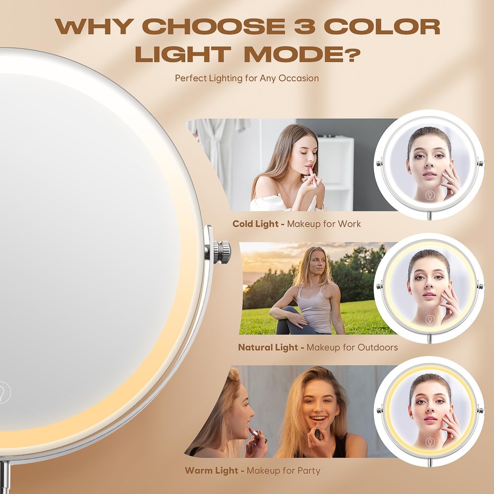 Makeup Mirror with Lights, 1x/20x 360° Rotation Vanity Mirror, Brightness Adj...