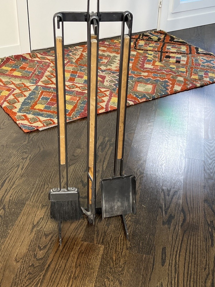 Mid Century Iron & Wood Fireplace Tool Set