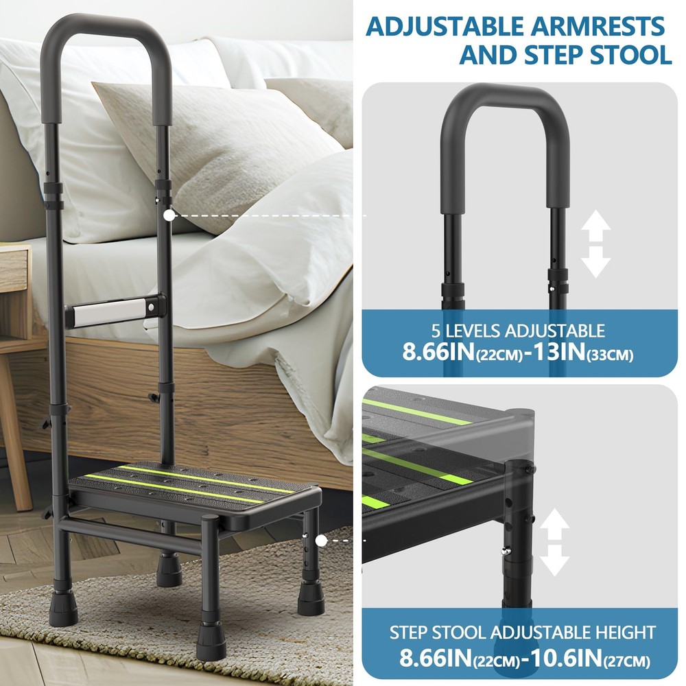 Packve Step Stool with Handle for Elderly 1 Step, Adjustable Leg, Black