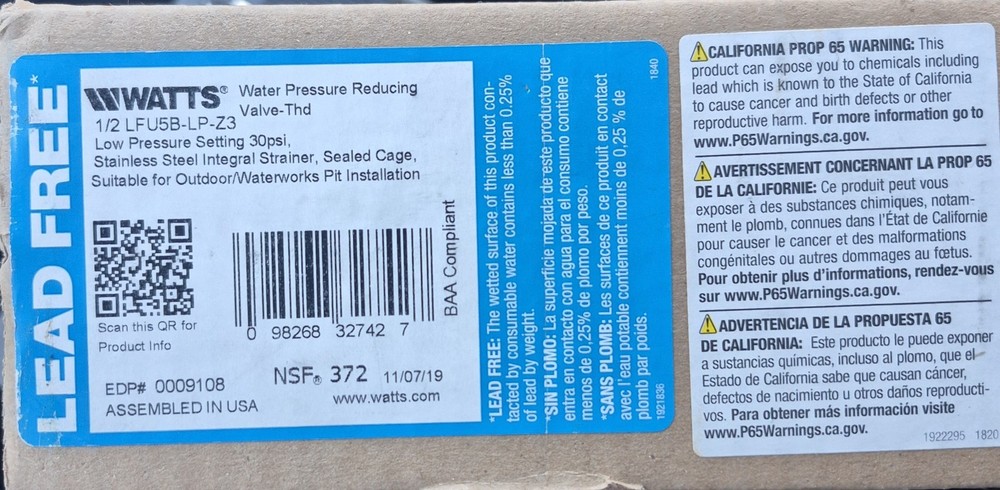 Watts 1/2" Water Pressure Reducing Valve LFU5B-LP-Z3