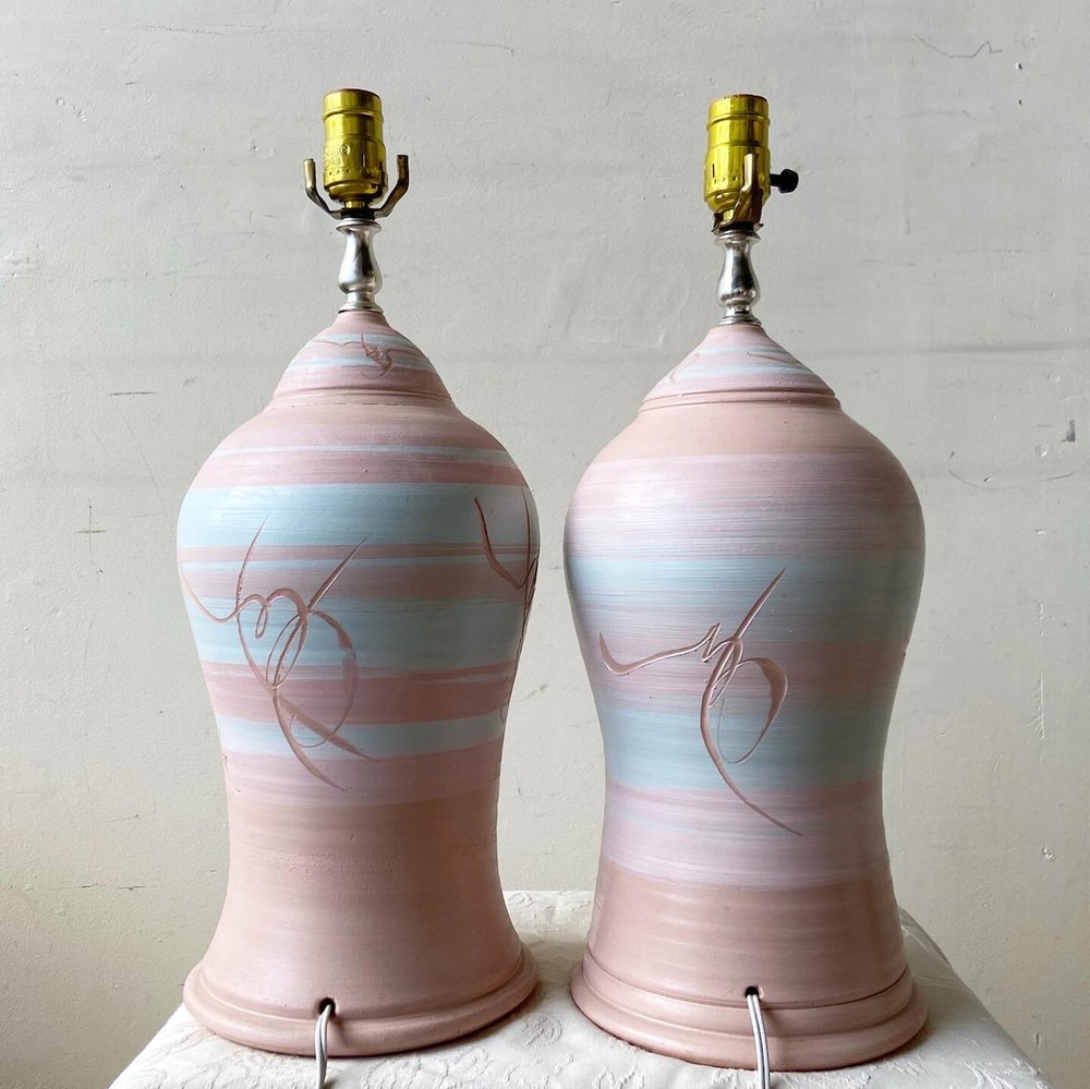 Postmodern Pink & Blue Pottery Table Lamps - a Pair