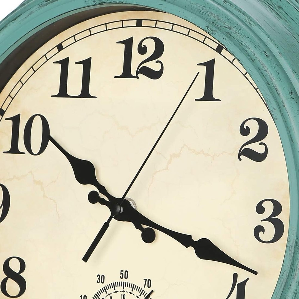 Waterproof Silent Wall Clock with Thermometer – Olive Green