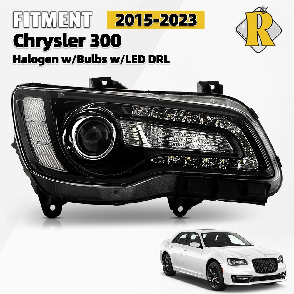 For 2015-2023 Chrysler 300 Halogen Headlight LED DRL Projector Black Passenger
