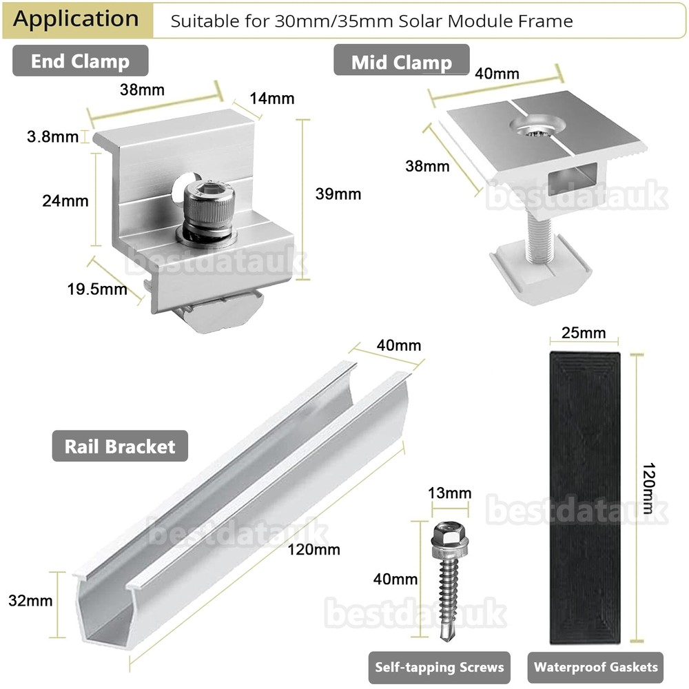 Universal Solar Panel Mounting Fixing Kit Rail Brackets End/Mid Clamp 30mm/35mm