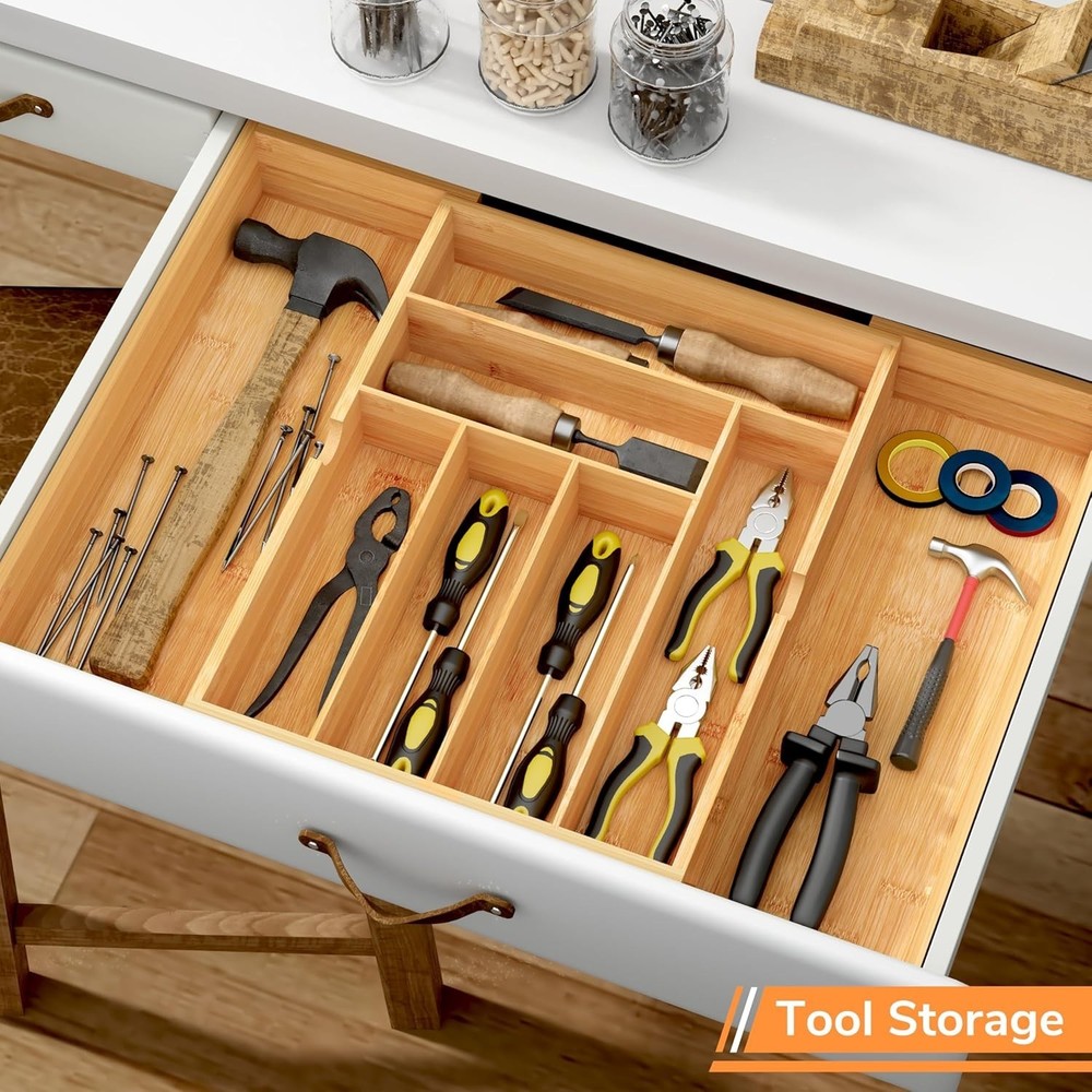 Elegant Bamboo Silverware Organizer - 3" Deep, 8-Cmp Multi-Functional Design