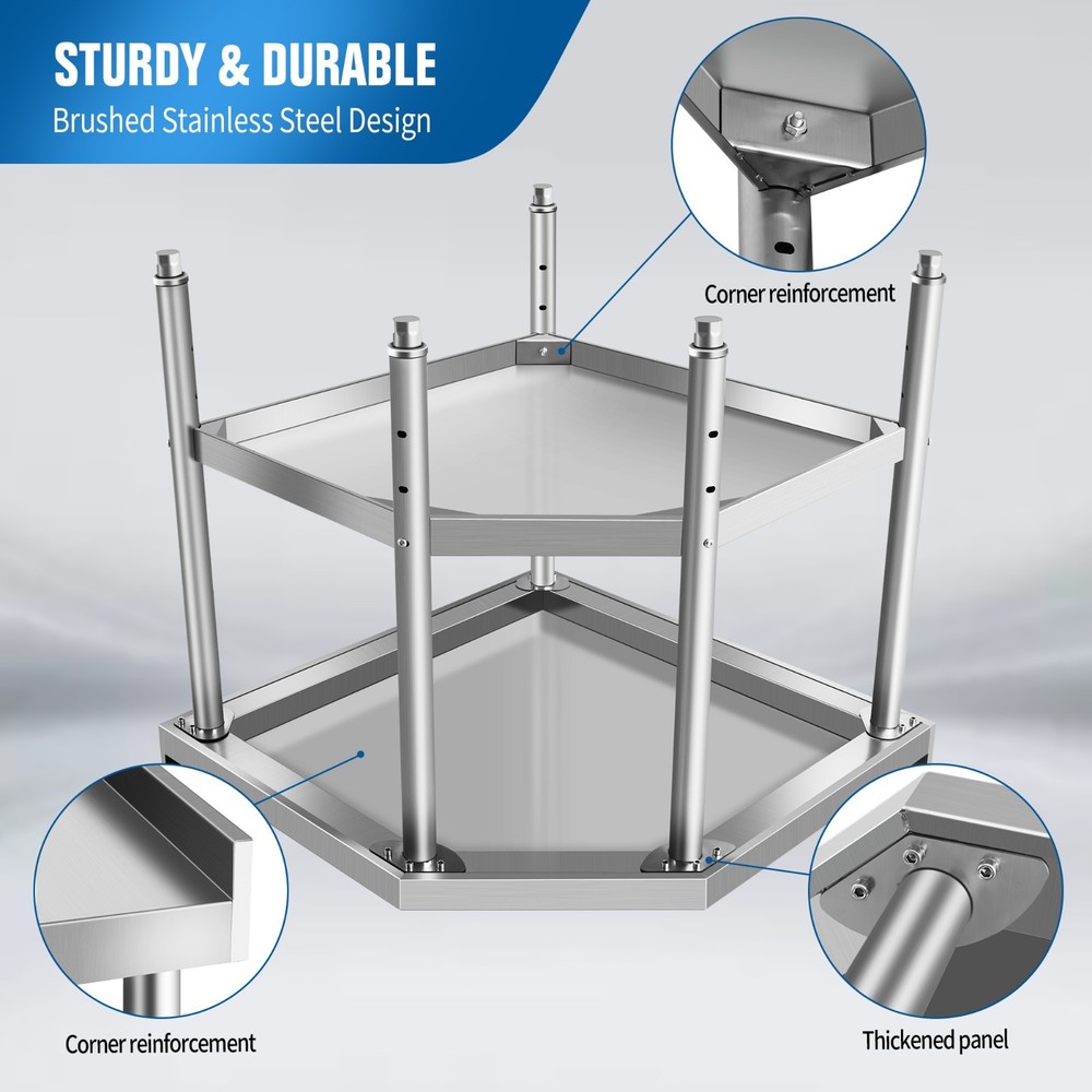 Corner Stainless Steel Table with Splash Guard and Adjustable Lower Shelf