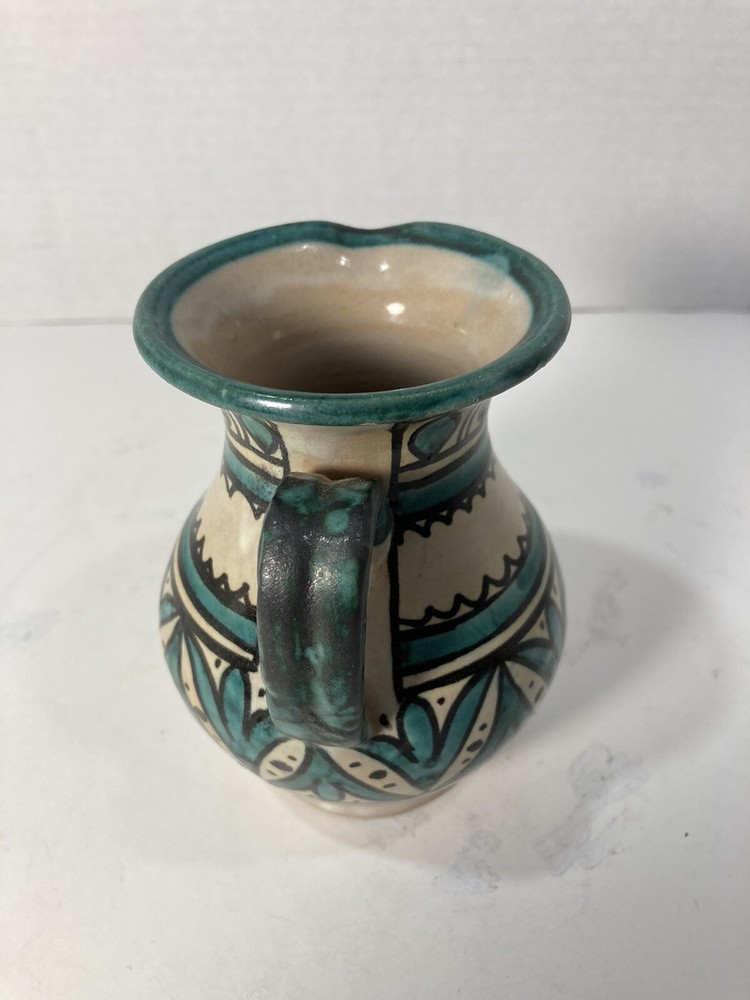 Art Pottery Small 5” Pitcher Green & Black Design-Signed